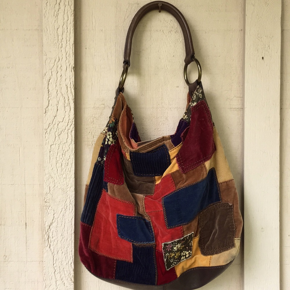 Lucky brand velvet and leather patchwork hippie boho shoulder bag purse